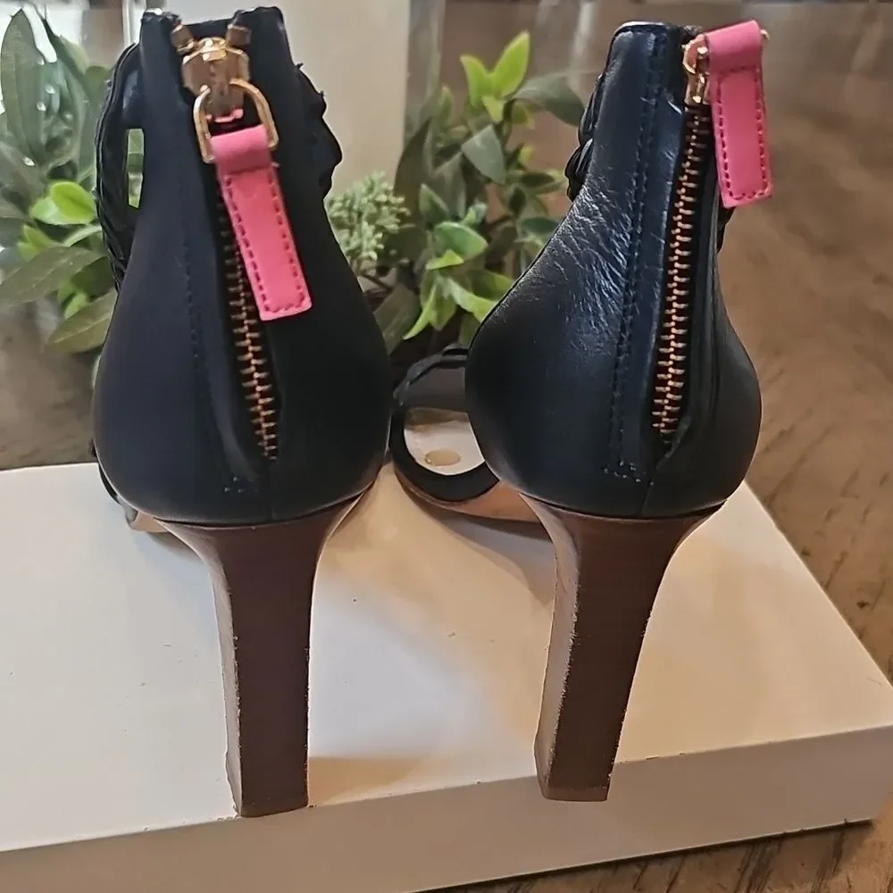 Navy T Strap Leather Woven Heel Boden Size 37